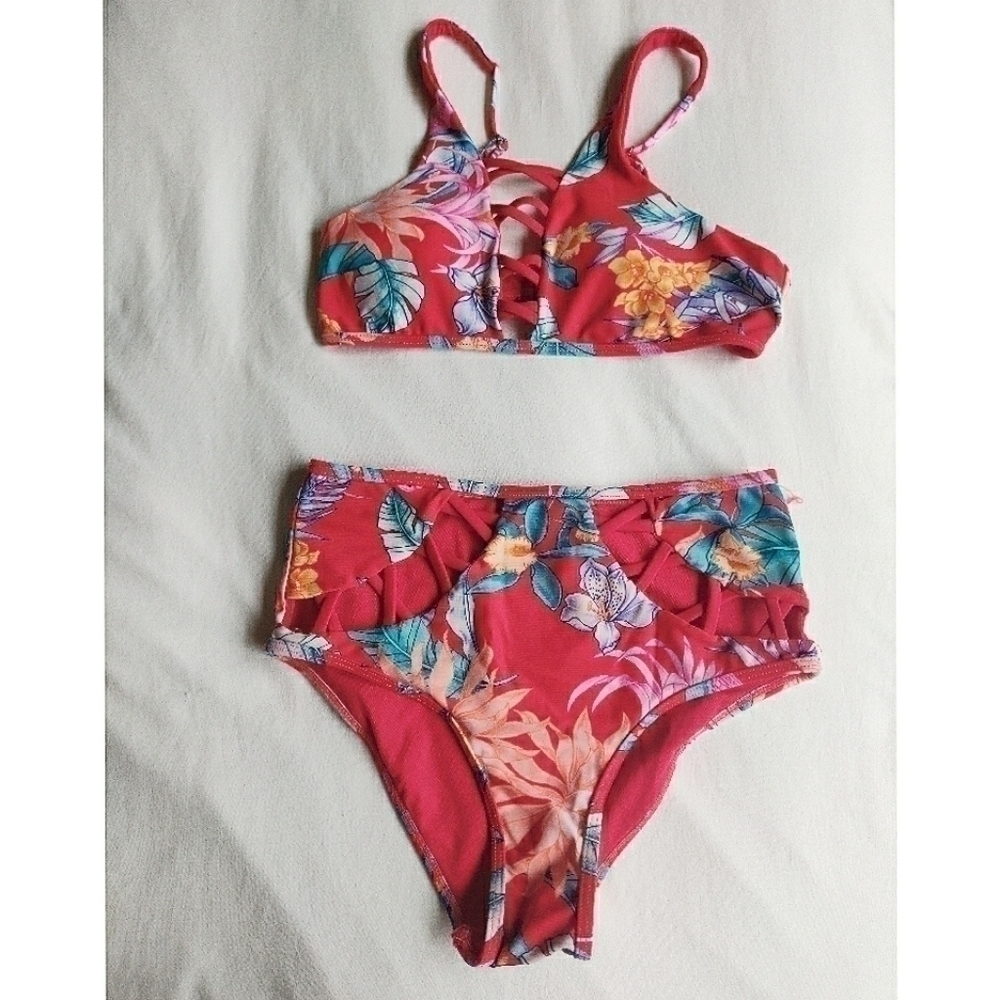 ✅ Tinibikini Red Tropical High Waist Swimsuit size S